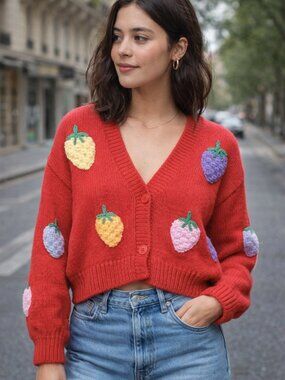 Playful Strawberry Knit Cardigan – Statement Piece 🍓